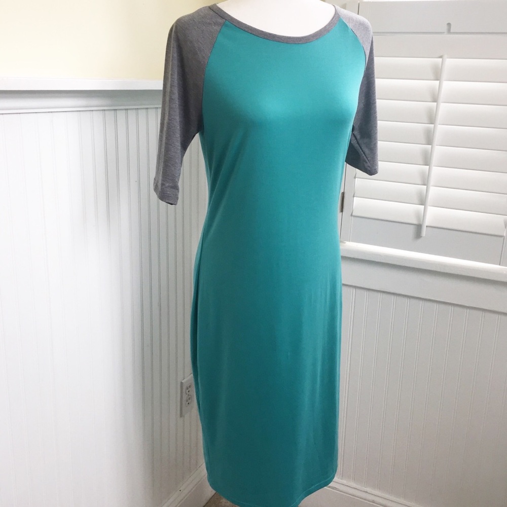 LuLaRoe NWT Julia Teal/Gray Baseball Tee Dress - M